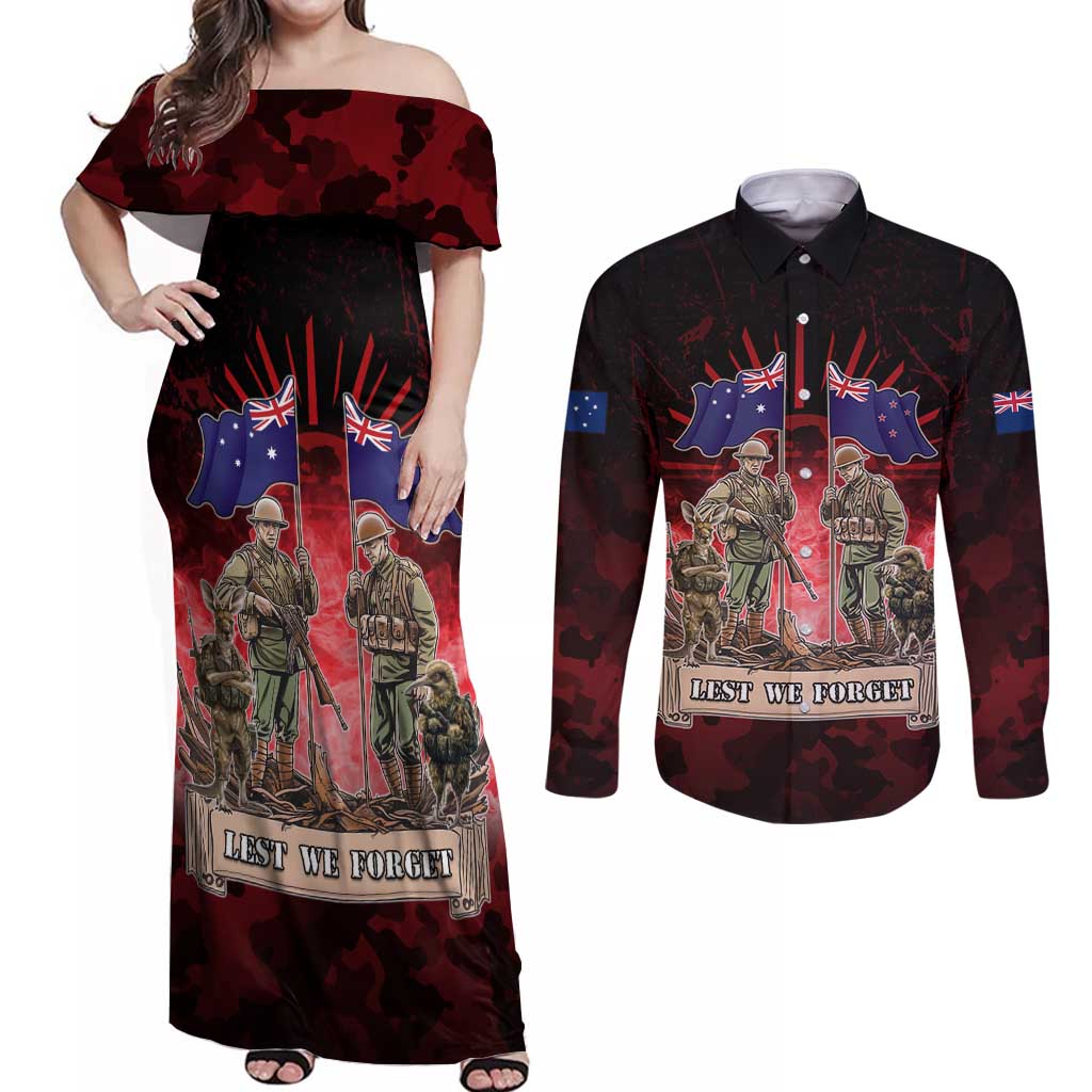 Australia And New Zealand ANZAC Day Couples Matching Off Shoulder Maxi Dress and Long Sleeve Button Shirt Soldiers Lest We Forget