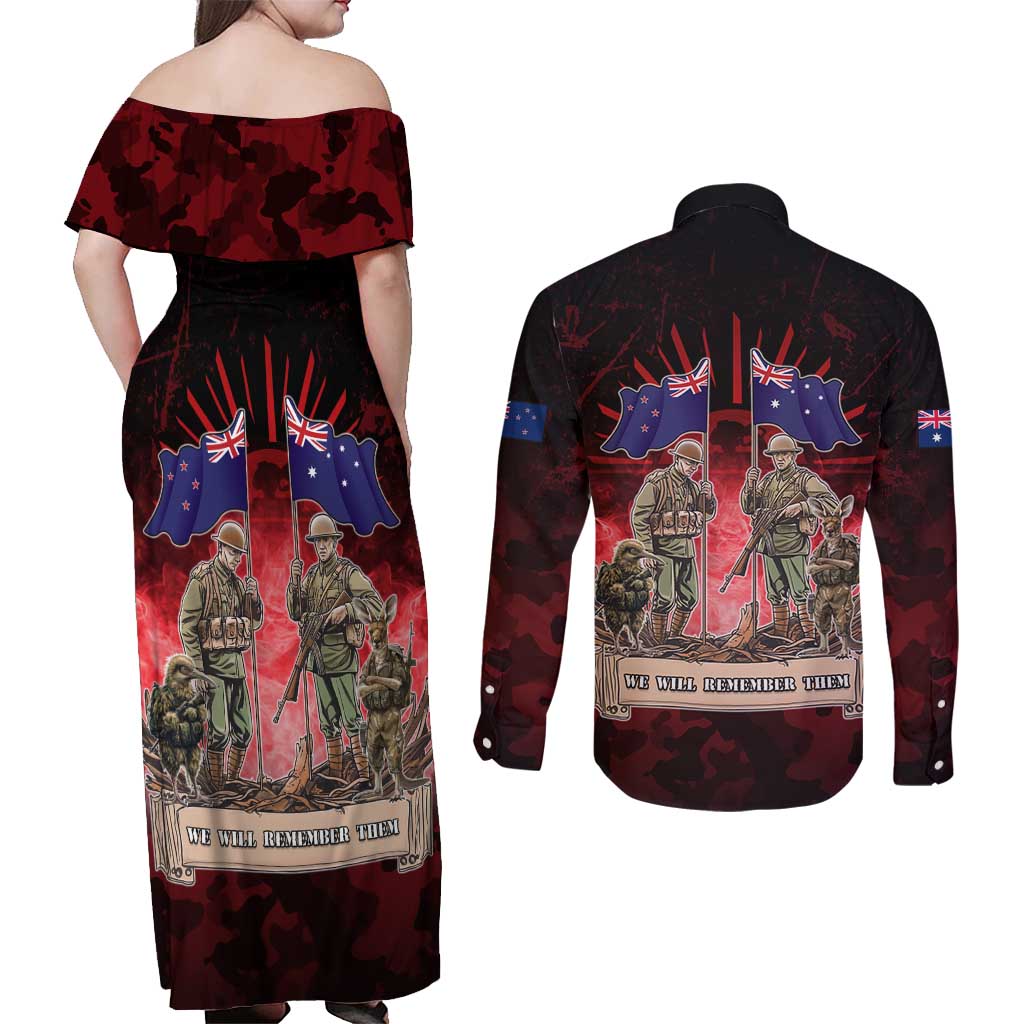 Australia And New Zealand ANZAC Day Couples Matching Off Shoulder Maxi Dress and Long Sleeve Button Shirt Soldiers Lest We Forget