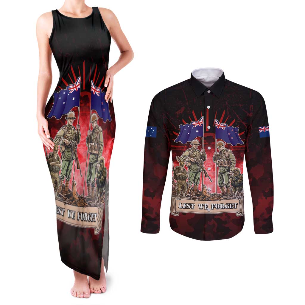 Australia And New Zealand ANZAC Day Couples Matching Tank Maxi Dress and Long Sleeve Button Shirt Soldiers Lest We Forget