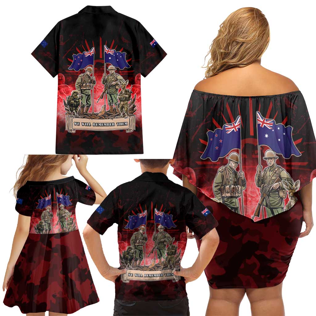 Australia And New Zealand ANZAC Day Family Matching Off Shoulder Short Dress and Hawaiian Shirt Soldiers Lest We Forget