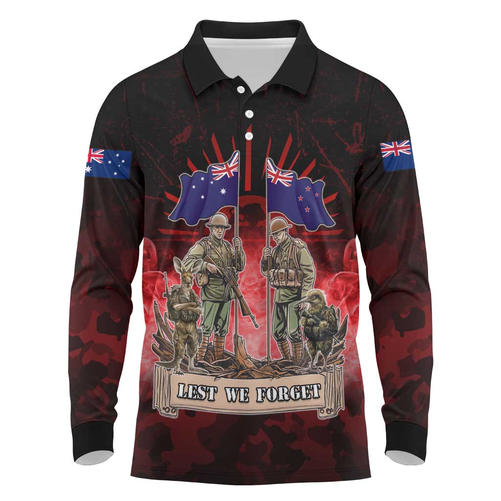 Australia And New Zealand ANZAC Day Long Sleeve Polo Shirt Soldiers Lest We Forget LT05 Red - Polynesian Pride
