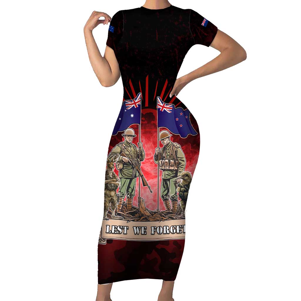 Australia And New Zealand ANZAC Day Short Sleeve Bodycon Dress Soldiers Lest We Forget