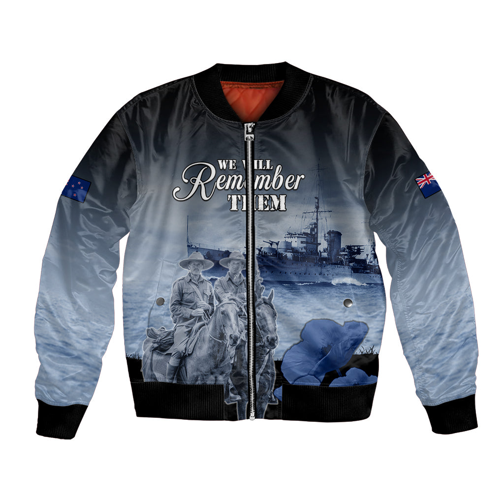 New Zealand ANZAC Day Bomber Jacket HMNZS Achilles We Will Remember Them LT05 Unisex Blue - Polynesian Pride