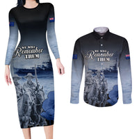 New Zealand ANZAC Day Couples Matching Long Sleeve Bodycon Dress and Long Sleeve Button Shirt HMNZS Achilles We Will Remember Them LT05 Blue - Polynesian Pride