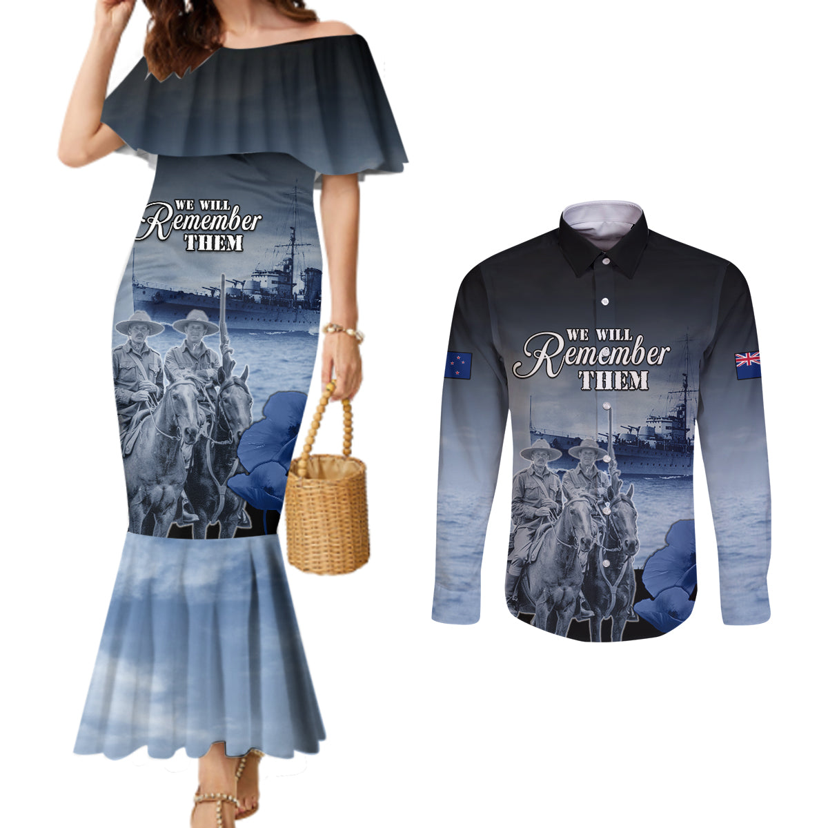 New Zealand ANZAC Day Couples Matching Mermaid Dress and Long Sleeve Button Shirt HMNZS Achilles We Will Remember Them LT05 Blue - Polynesian Pride