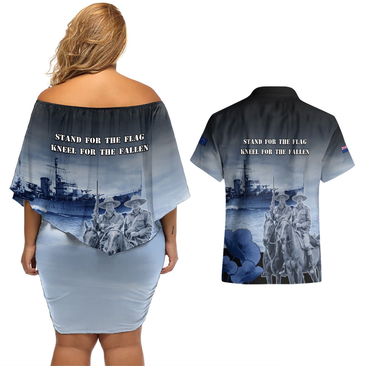 New Zealand ANZAC Day Couples Matching Off Shoulder Short Dress and Hawaiian Shirt HMNZS Achilles We Will Remember Them LT05 - Polynesian Pride