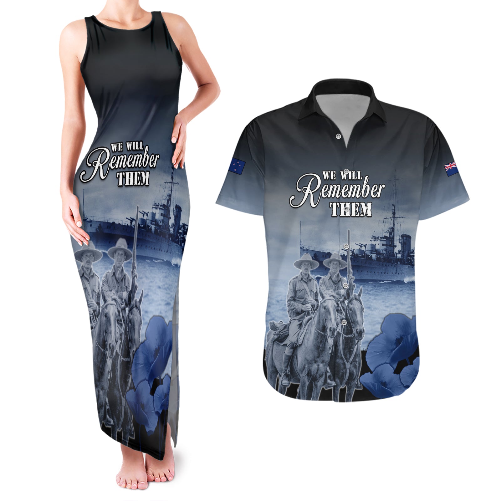 New Zealand ANZAC Day Couples Matching Tank Maxi Dress and Hawaiian Shirt HMNZS Achilles We Will Remember Them LT05 Blue - Polynesian Pride