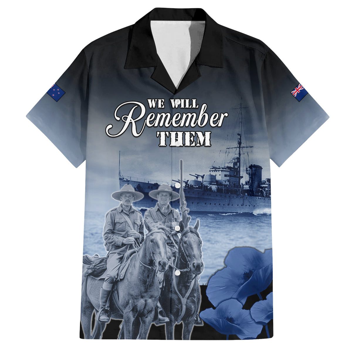 New Zealand ANZAC Day Family Matching Off The Shoulder Long Sleeve Dress and Hawaiian Shirt HMNZS Achilles We Will Remember Them LT05 Dad's Shirt - Short Sleeve Blue - Polynesian Pride