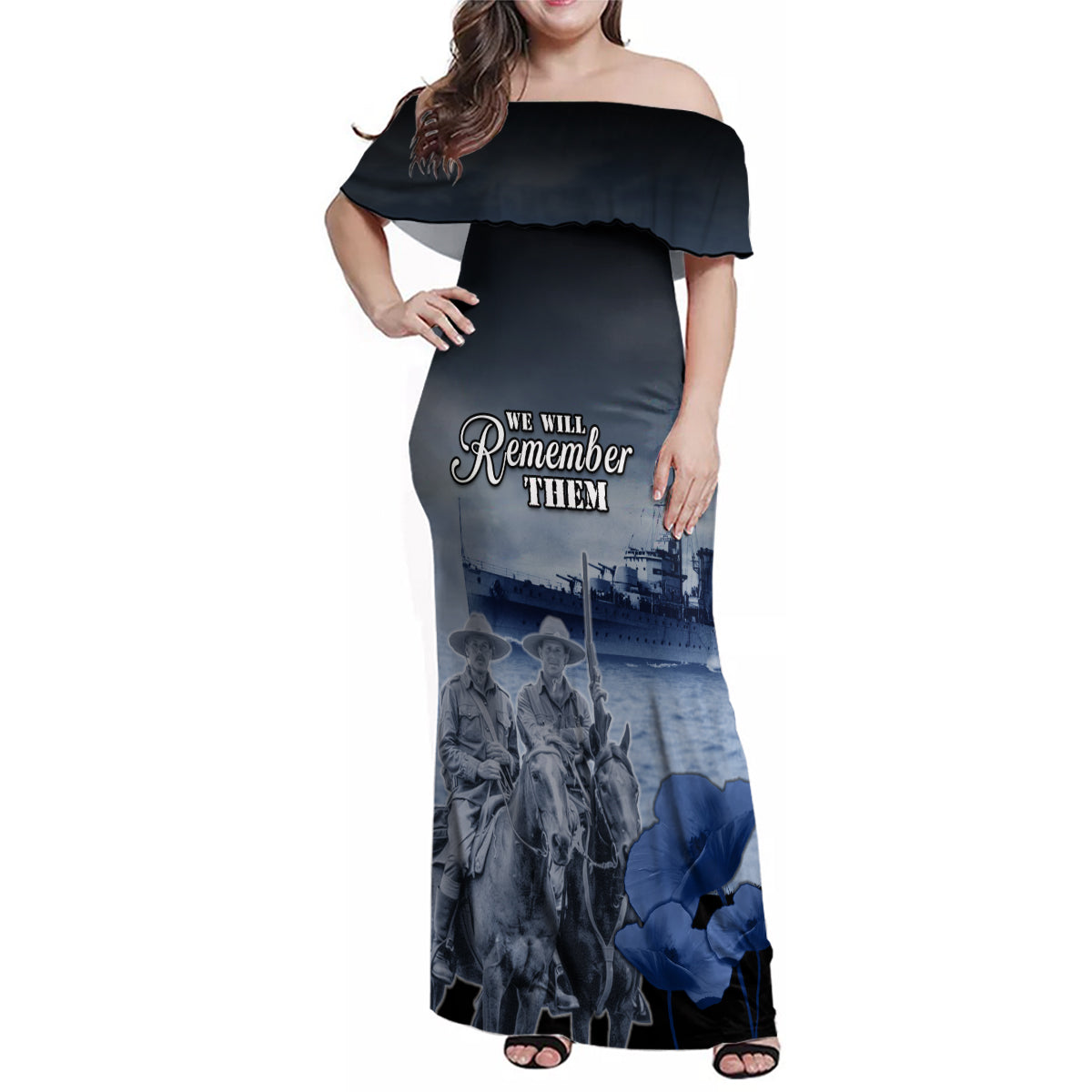 New Zealand ANZAC Day Family Matching Off Shoulder Maxi Dress and Hawaiian Shirt HMNZS Achilles We Will Remember Them LT05 Mom's Dress Blue - Polynesian Pride
