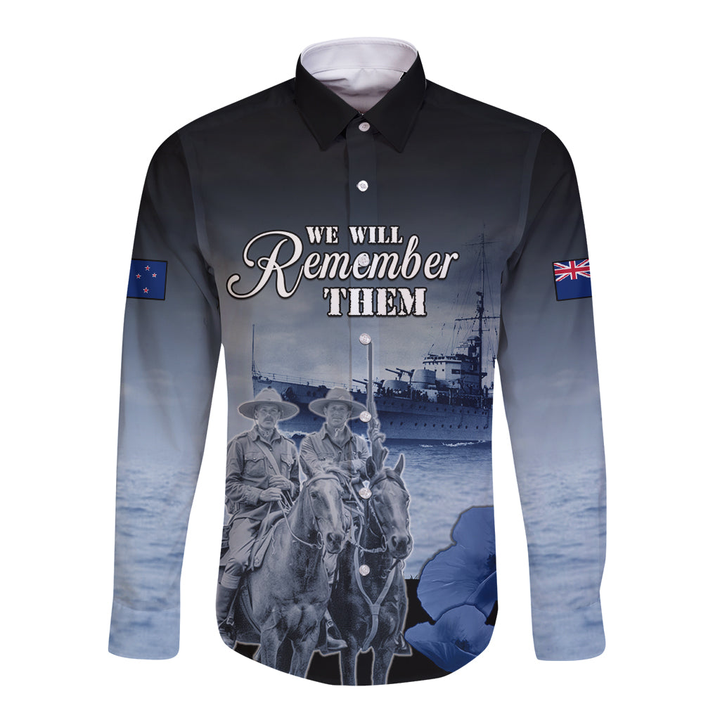 New Zealand ANZAC Day Long Sleeve Button Shirt HMNZS Achilles We Will Remember Them LT05 Unisex Blue - Polynesian Pride