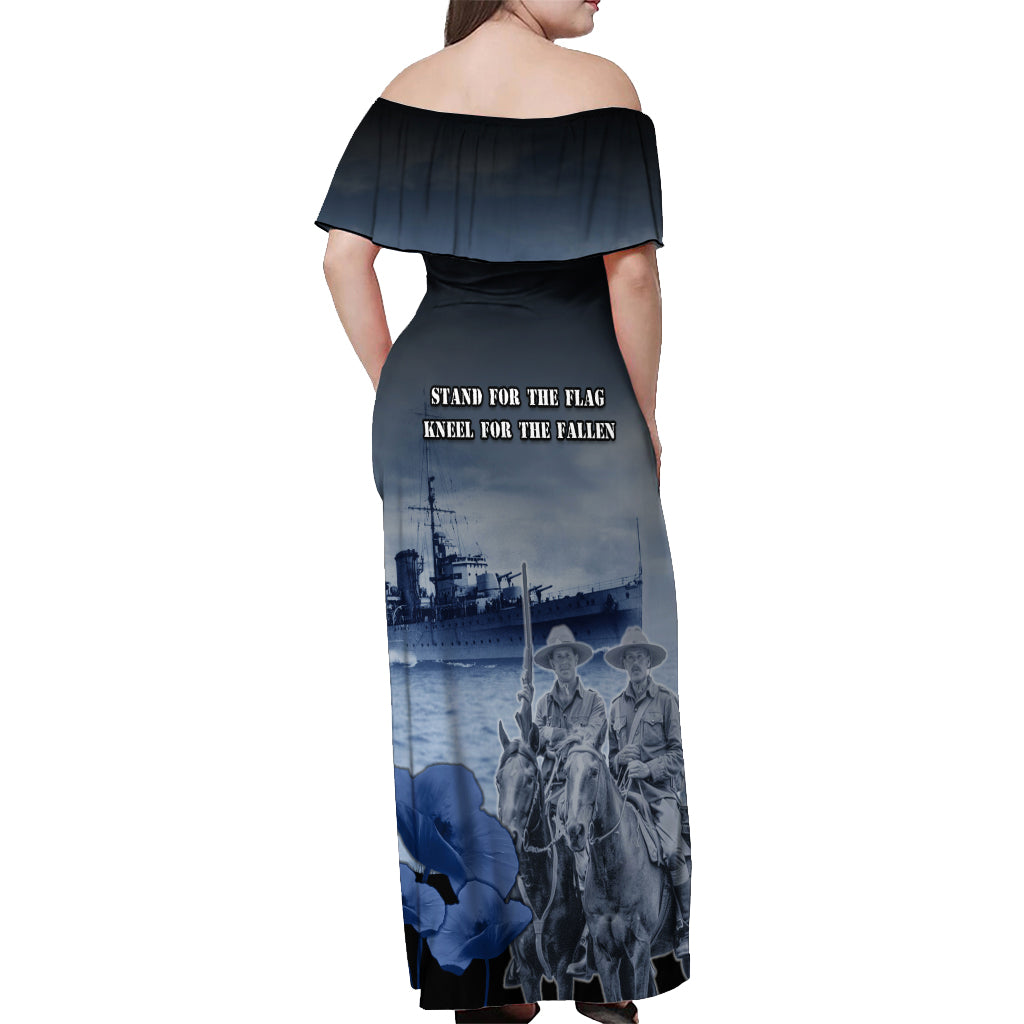 New Zealand ANZAC Day Off Shoulder Maxi Dress HMNZS Achilles We Will Remember Them LT05 - Polynesian Pride