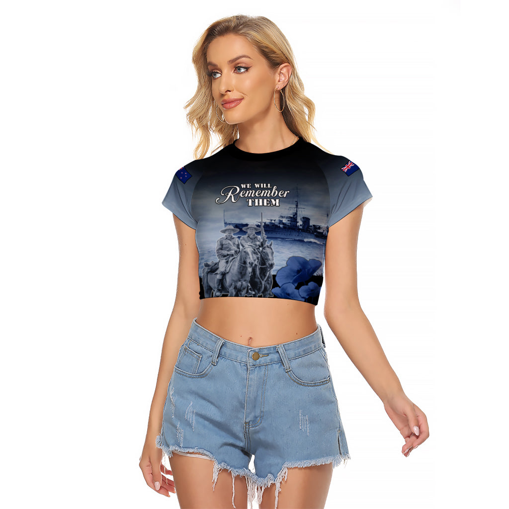 New Zealand ANZAC Day Raglan Cropped T Shirt HMNZS Achilles We Will Remember Them LT05 Female Blue - Polynesian Pride