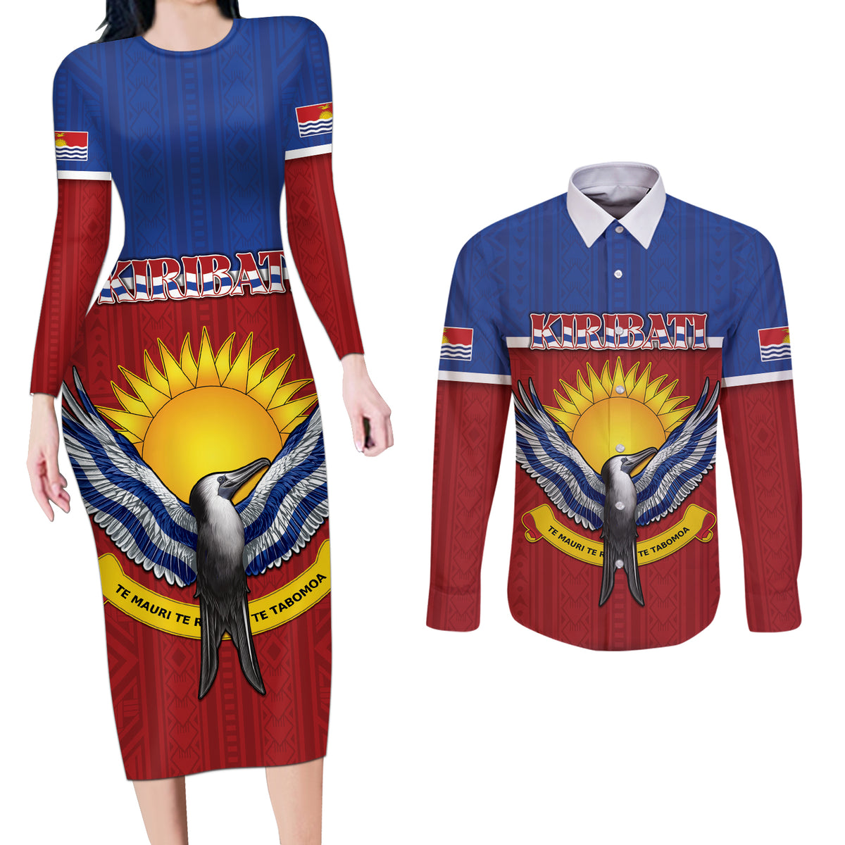 Kiribati 45th Independence Day Couples Matching Long Sleeve Bodycon Dress and Long Sleeve Button Shirt Lesser Frigatebird Tribal Pattern