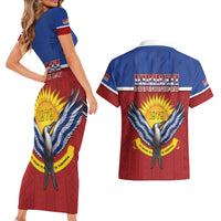 Kiribati 45th Independence Day Couples Matching Short Sleeve Bodycon Dress and Hawaiian Shirt Lesser Frigatebird Tribal Pattern