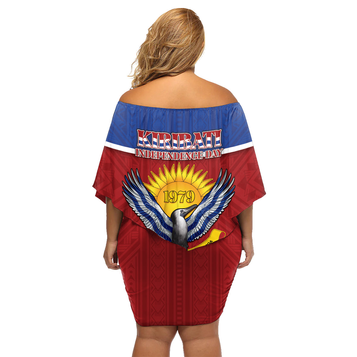 Kiribati 45th Independence Day Family Matching Off Shoulder Short Dress and Hawaiian Shirt Lesser Frigatebird Tribal Pattern
