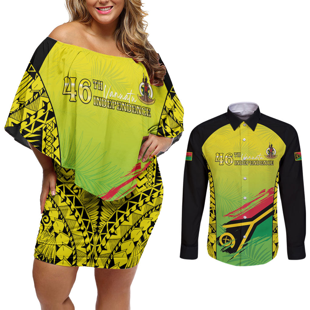 Vanuatu 46th Independence Couples Matching Off Shoulder Short Dress and Long Sleeve Button Shirt Special Style LT05 Yellow - Polynesian Pride
