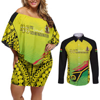 Vanuatu 46th Independence Couples Matching Off Shoulder Short Dress and Long Sleeve Button Shirt Special Style LT05 Yellow - Polynesian Pride
