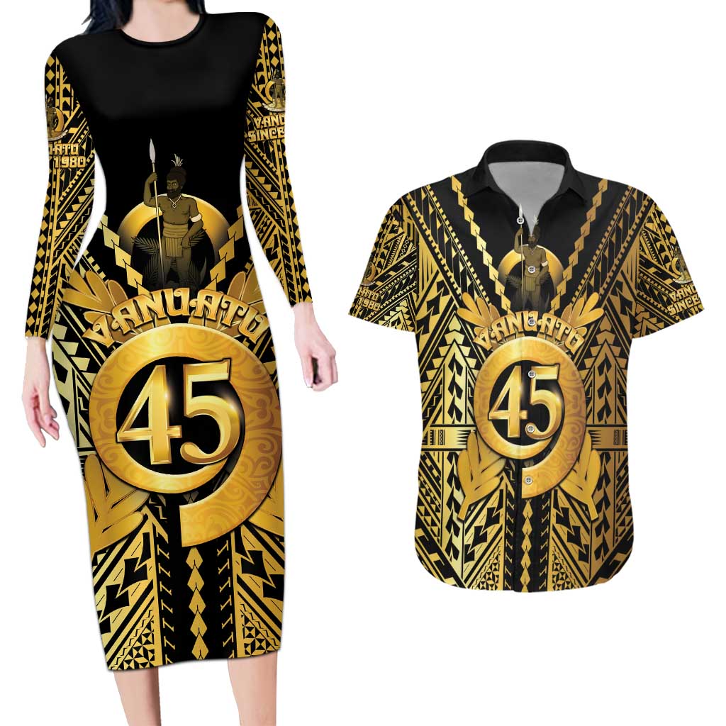 Vanuatu 45th Anniversary Of Independence Couples Matching Long Sleeve Bodycon Dress and Hawaiian Shirt Gold Style - Polynesian Pride