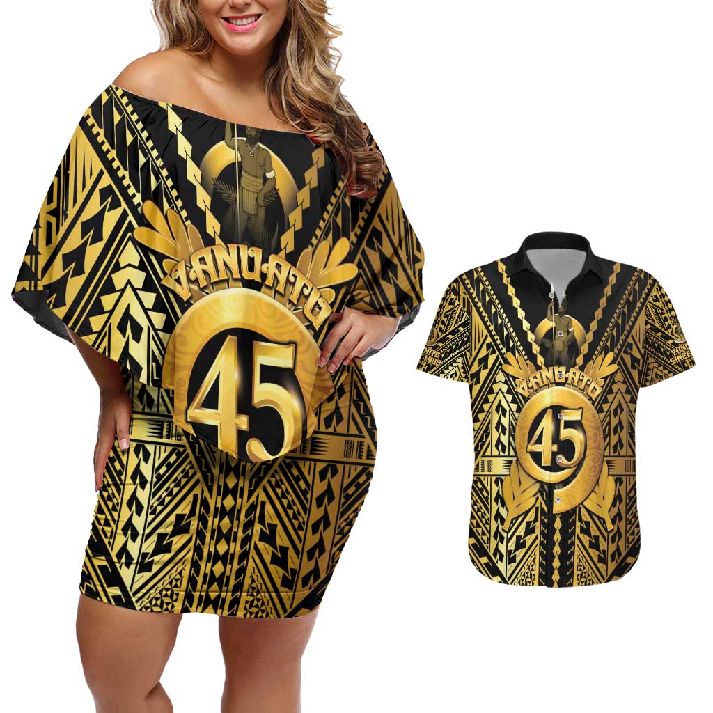 Vanuatu 45th Anniversary Of Independence Couples Matching Off Shoulder Short Dress and Hawaiian Shirt Gold Style - Polynesian Pride