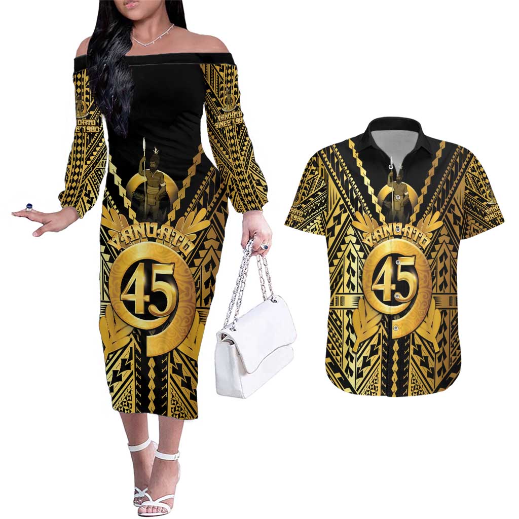 Vanuatu 45th Anniversary Of Independence Couples Matching Off The Shoulder Long Sleeve Dress and Hawaiian Shirt Gold Style - Polynesian Pride