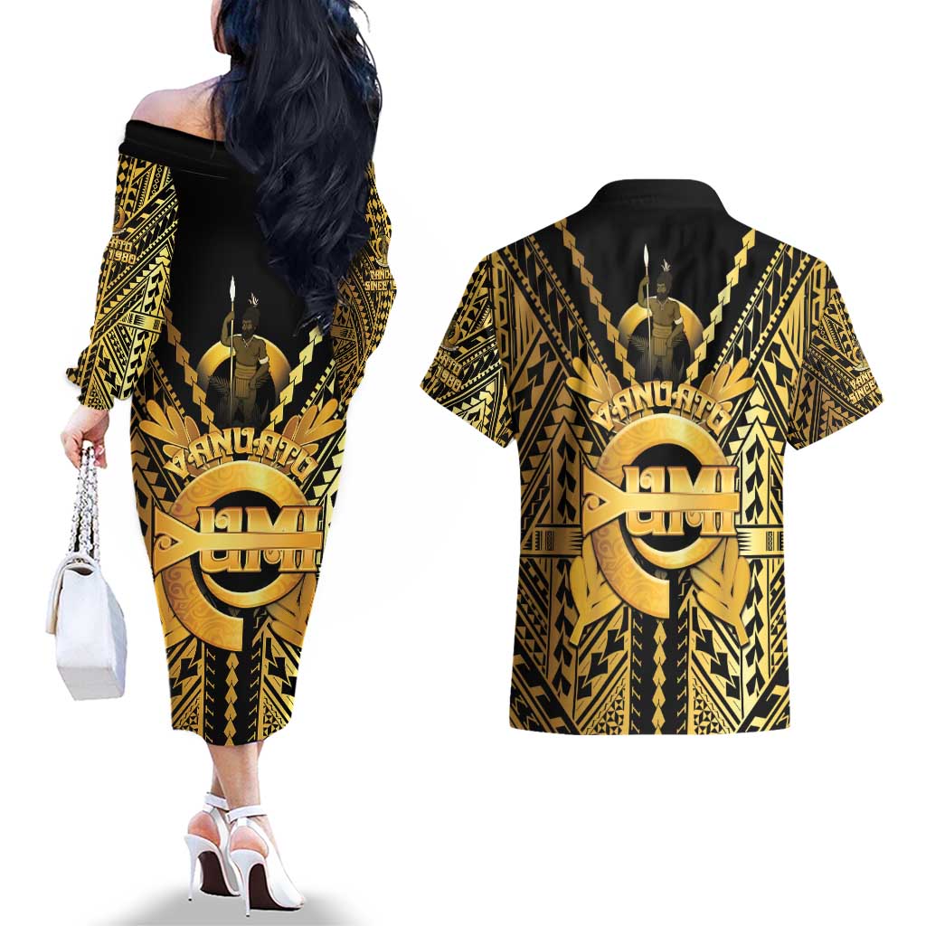 Vanuatu 45th Anniversary Of Independence Couples Matching Off The Shoulder Long Sleeve Dress and Hawaiian Shirt Gold Style - Polynesian Pride