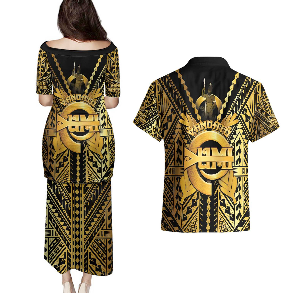 Vanuatu 45th Anniversary Of Independence Couples Matching Puletasi and Hawaiian Shirt Gold Style - Polynesian Pride