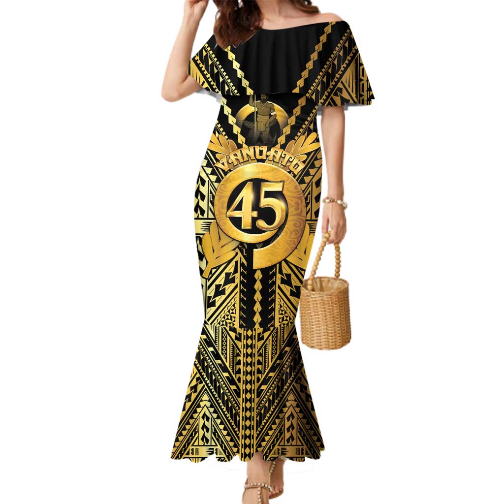 Vanuatu 45th Anniversary Of Independence Family Matching Mermaid Dress and Hawaiian Shirt Gold Style - Polynesian Pride