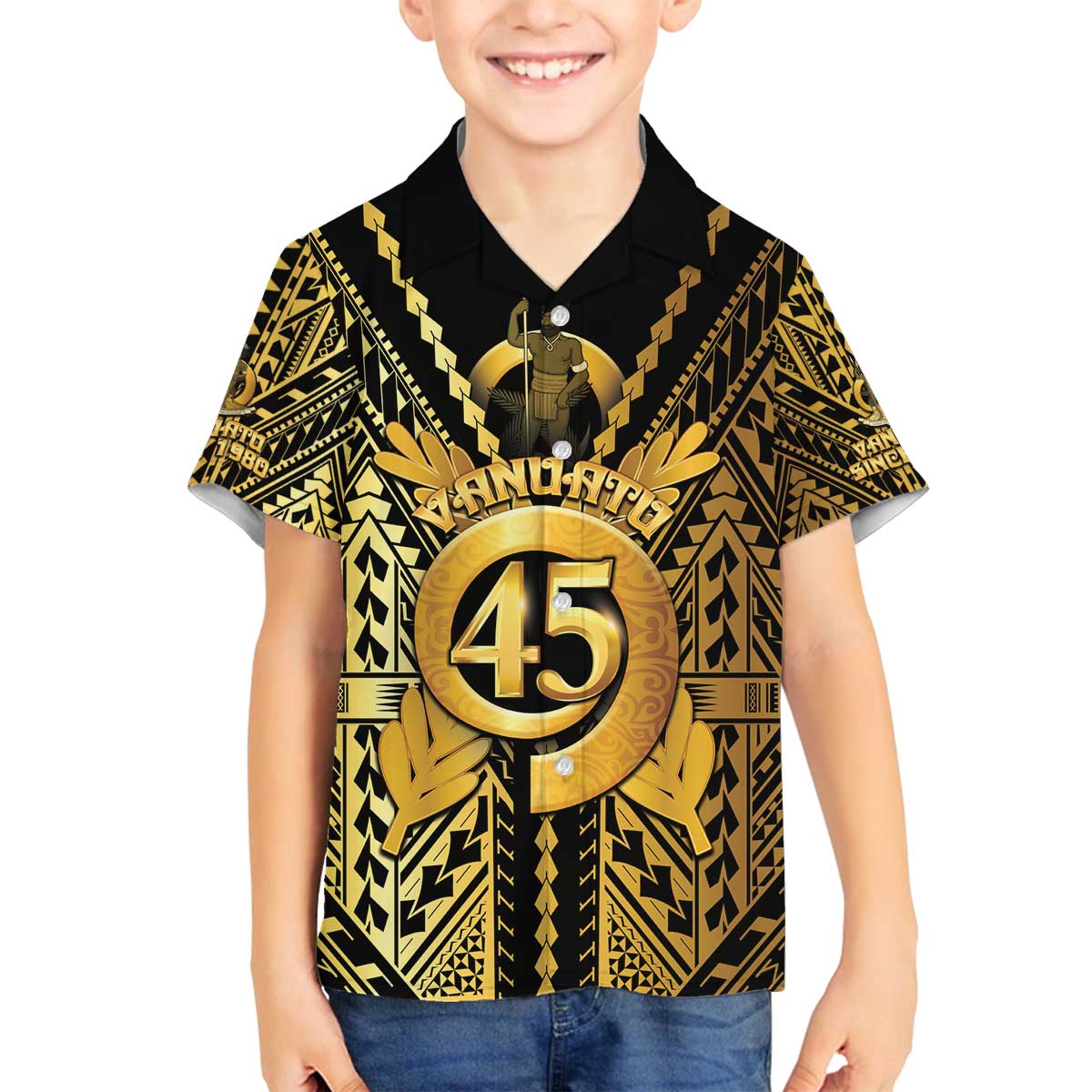 Vanuatu 45th Anniversary Of Independence Family Matching Off The Shoulder Long Sleeve Dress and Hawaiian Shirt Gold Style - Polynesian Pride