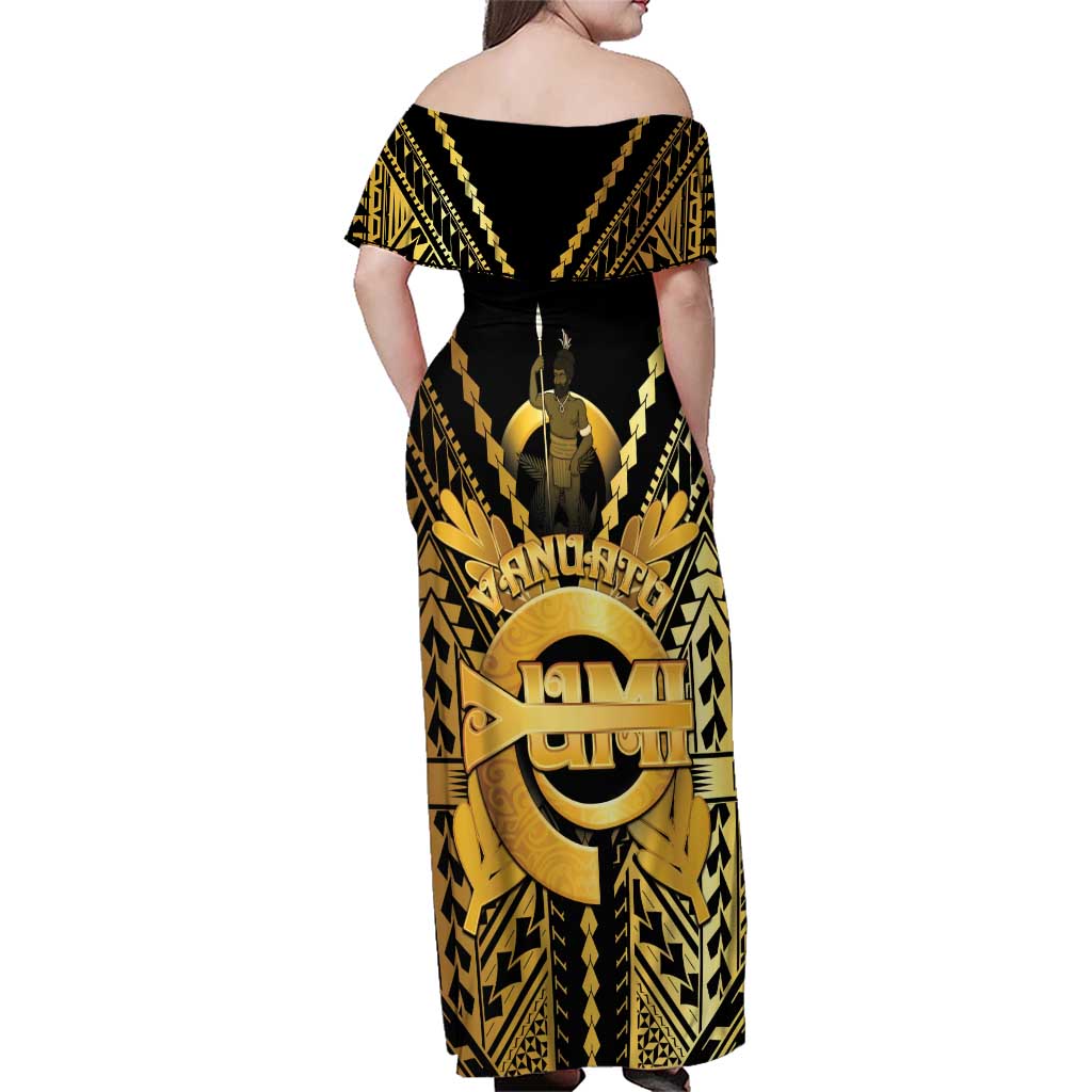 Vanuatu 45th Anniversary Of Independence Family Matching Off Shoulder Maxi Dress and Hawaiian Shirt Gold Style - Polynesian Pride