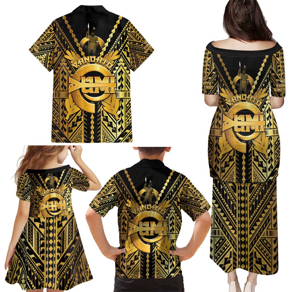 Vanuatu 45th Anniversary Of Independence Family Matching Puletasi and Hawaiian Shirt Gold Style - Polynesian Pride