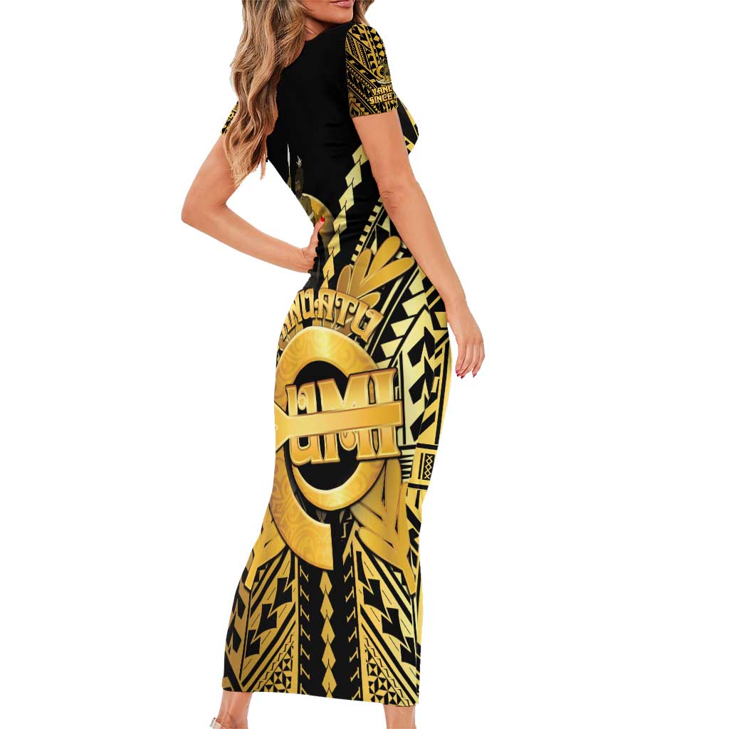 Vanuatu 45th Anniversary Of Independence Short Sleeve Bodycon Dress Gold Style - Polynesian Pride