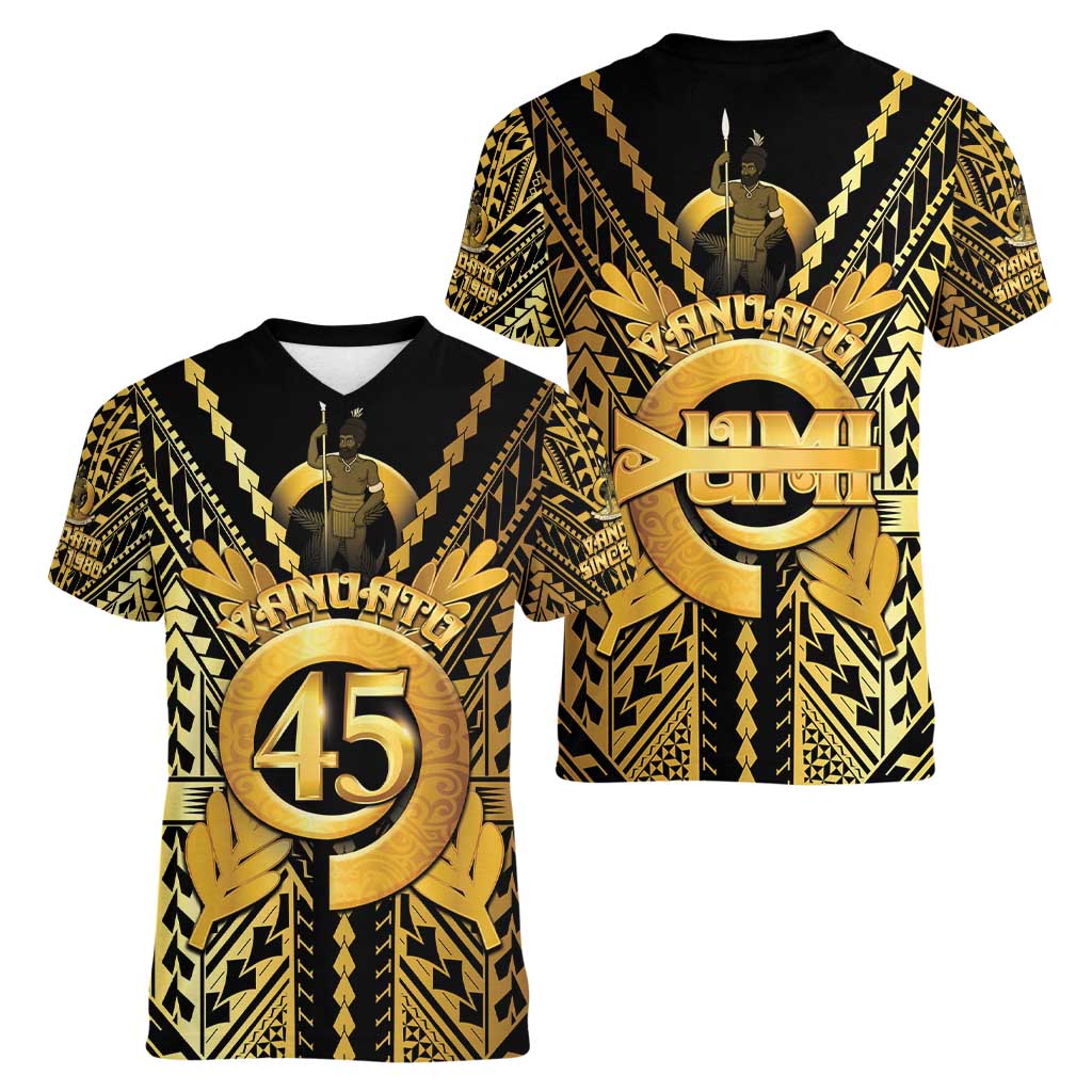 Vanuatu 45th Anniversary Of Independence Women V-Neck T-Shirt Gold Style - Polynesian Pride