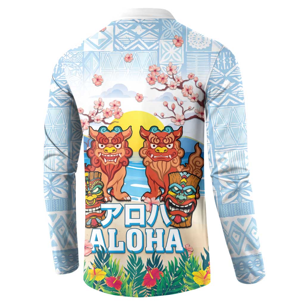 Hawaii And Japan Okinawa Button Sweatshirt Aloha Gozaimasu Tiki With Shisa