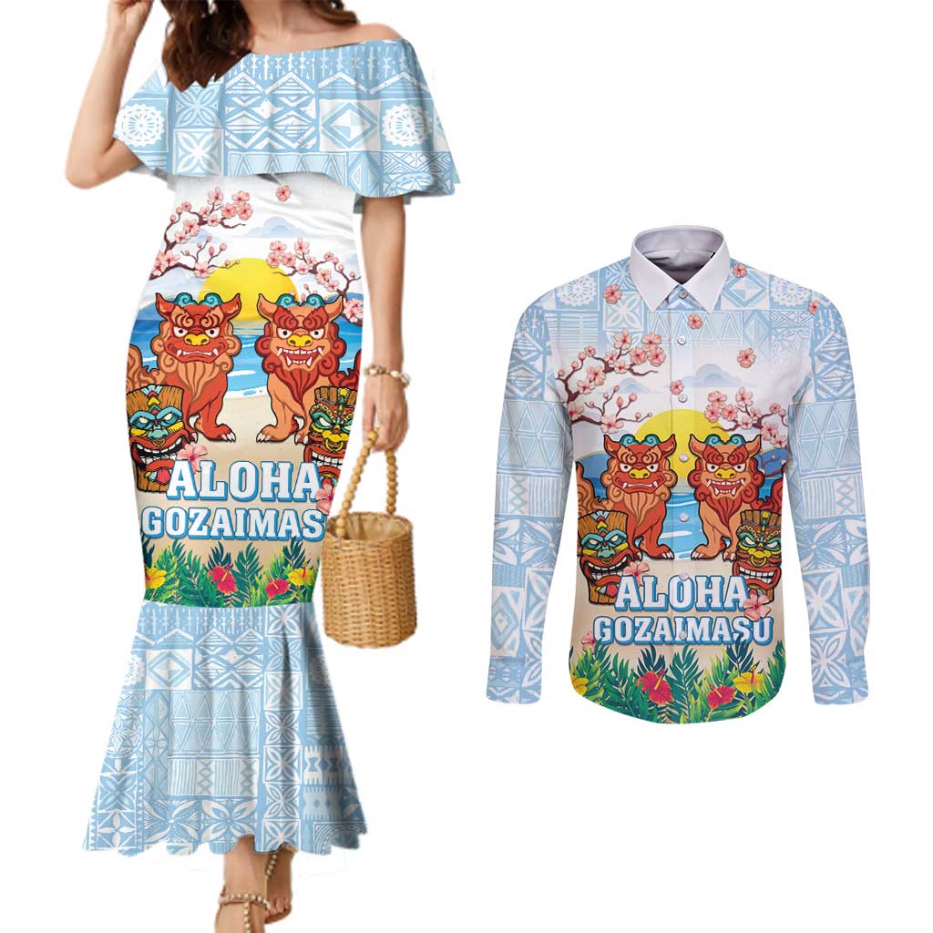 Hawaii And Japan Okinawa Couples Matching Mermaid Dress and Long Sleeve Button Shirt Aloha Gozaimasu Tiki With Shisa