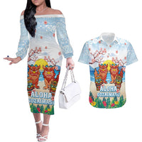 Hawaii And Japan Okinawa Couples Matching Off The Shoulder Long Sleeve Dress and Hawaiian Shirt Aloha Gozaimasu Tiki With Shisa