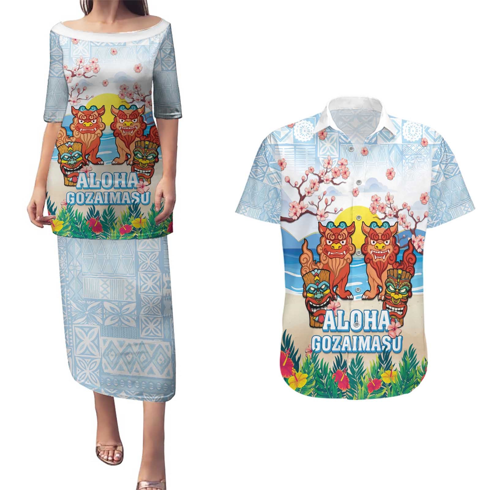 Hawaii And Japan Okinawa Couples Matching Puletasi and Hawaiian Shirt Aloha Gozaimasu Tiki With Shisa