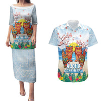 Hawaii And Japan Okinawa Couples Matching Puletasi and Hawaiian Shirt Aloha Gozaimasu Tiki With Shisa