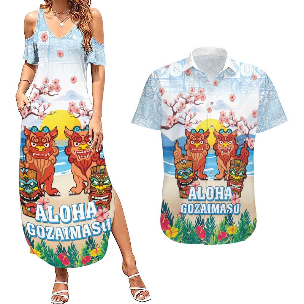 Hawaii And Japan Okinawa Couples Matching Summer Maxi Dress and Hawaiian Shirt Aloha Gozaimasu Tiki With Shisa