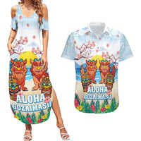 Hawaii And Japan Okinawa Couples Matching Summer Maxi Dress and Hawaiian Shirt Aloha Gozaimasu Tiki With Shisa