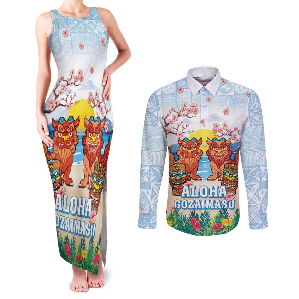 Hawaii And Japan Okinawa Couples Matching Tank Maxi Dress and Long Sleeve Button Shirt Aloha Gozaimasu Tiki With Shisa