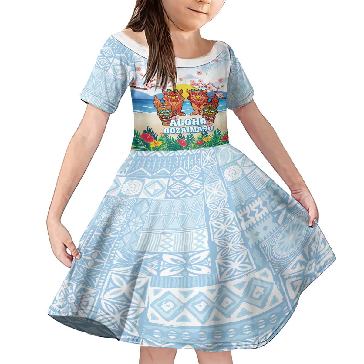 Hawaii And Japan Okinawa Family Matching Off The Shoulder Long Sleeve Dress and Hawaiian Shirt Aloha Gozaimasu Tiki With Shisa