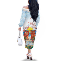 Hawaii And Japan Okinawa Family Matching Off The Shoulder Long Sleeve Dress and Hawaiian Shirt Aloha Gozaimasu Tiki With Shisa