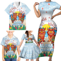 Hawaii And Japan Okinawa Family Matching Short Sleeve Bodycon Dress and Hawaiian Shirt Aloha Gozaimasu Tiki With Shisa