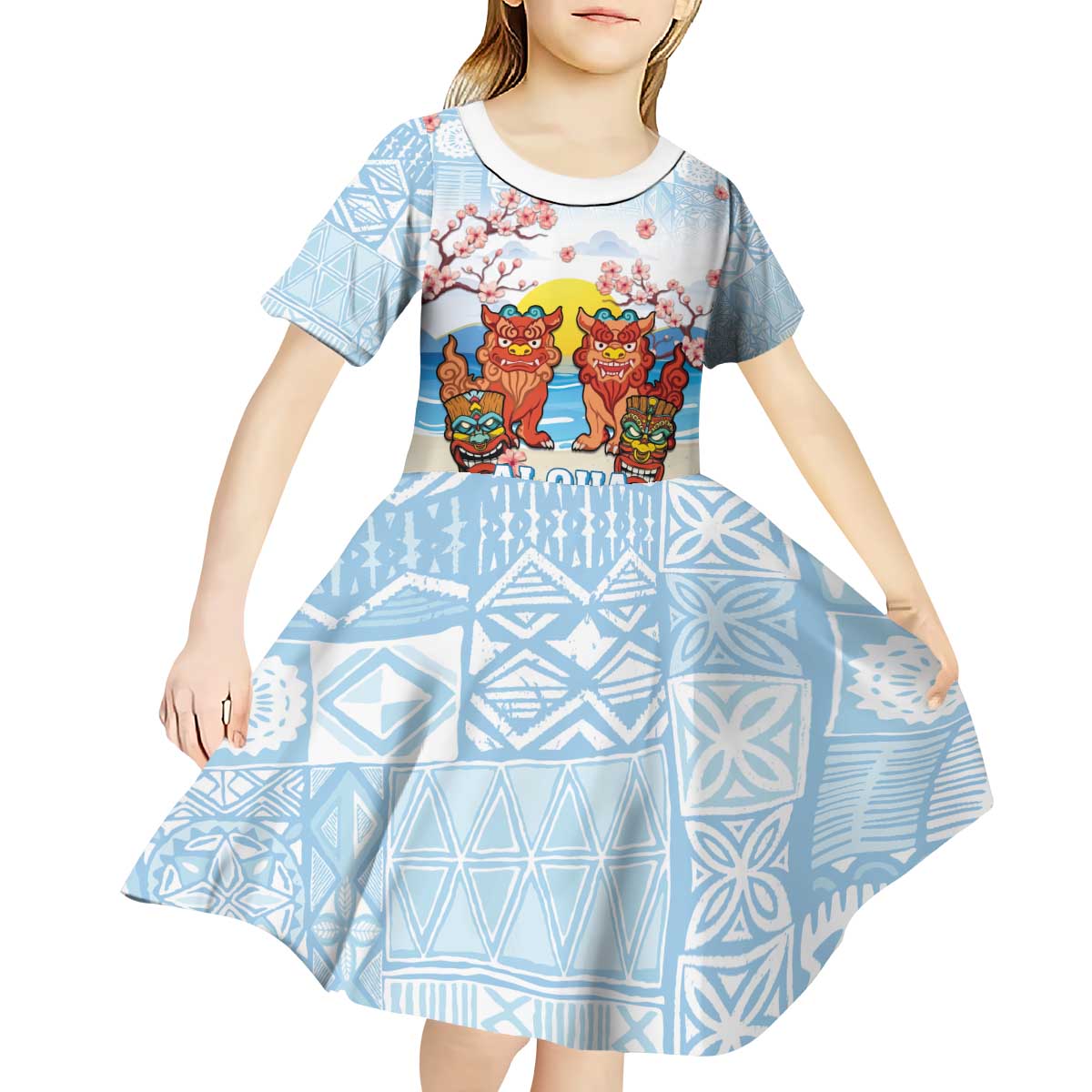 Hawaii And Japan Okinawa Kid Short Sleeve Dress Aloha Gozaimasu Tiki With Shisa