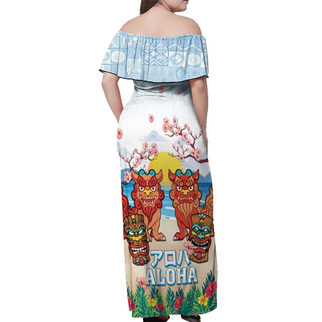 Hawaii And Japan Okinawa Off Shoulder Maxi Dress Aloha Gozaimasu Tiki With Shisa