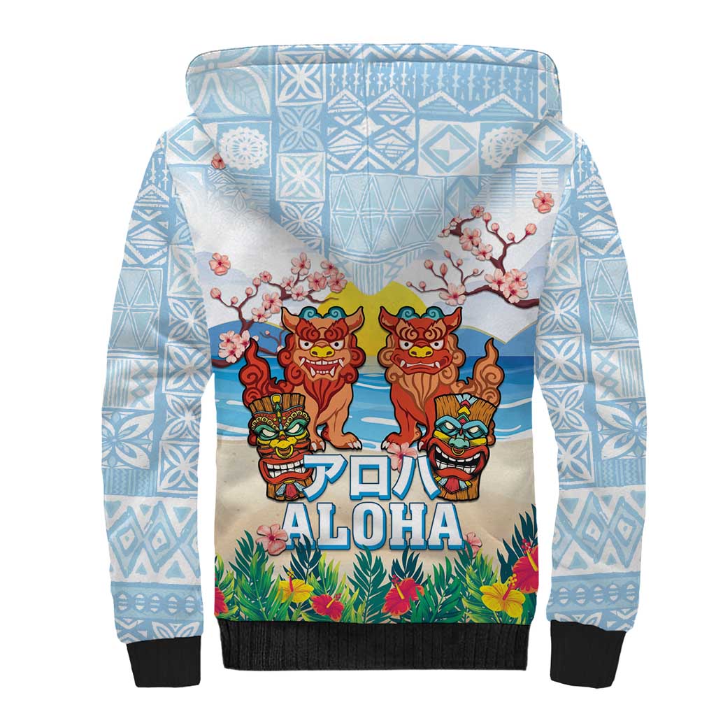 Hawaii And Japan Okinawa Sherpa Hoodie Aloha Gozaimasu Tiki With Shisa