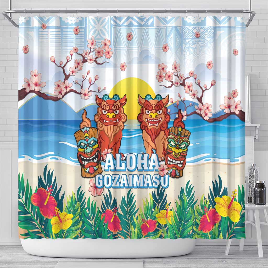 Hawaii And Japan Okinawa Shower Curtain Aloha Gozaimasu Tiki With Shisa