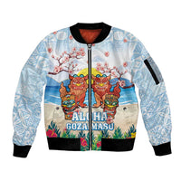 Hawaii And Japan Okinawa Sleeve Zip Bomber Jacket Aloha Gozaimasu Tiki With Shisa