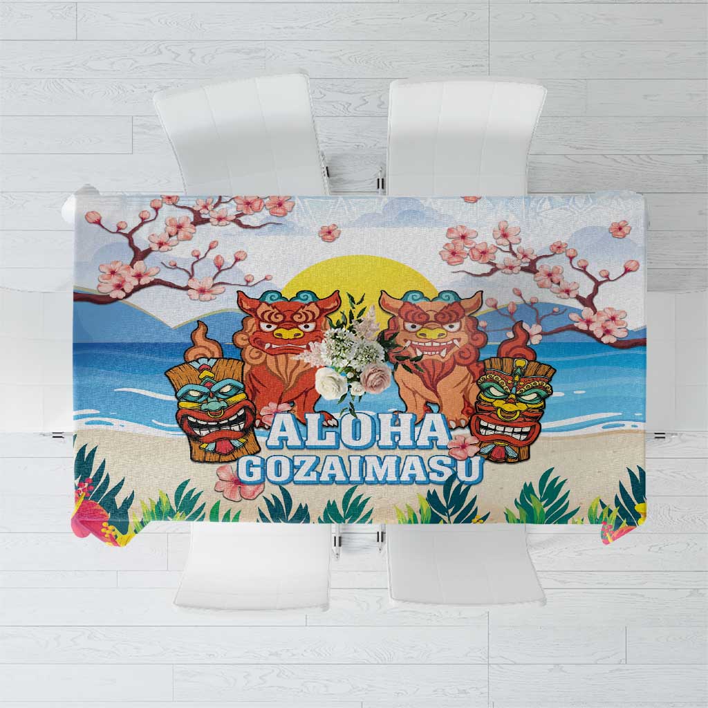 Hawaii And Japan Okinawa Tablecloth Aloha Gozaimasu Tiki With Shisa LT05 Blue - Polynesian Pride