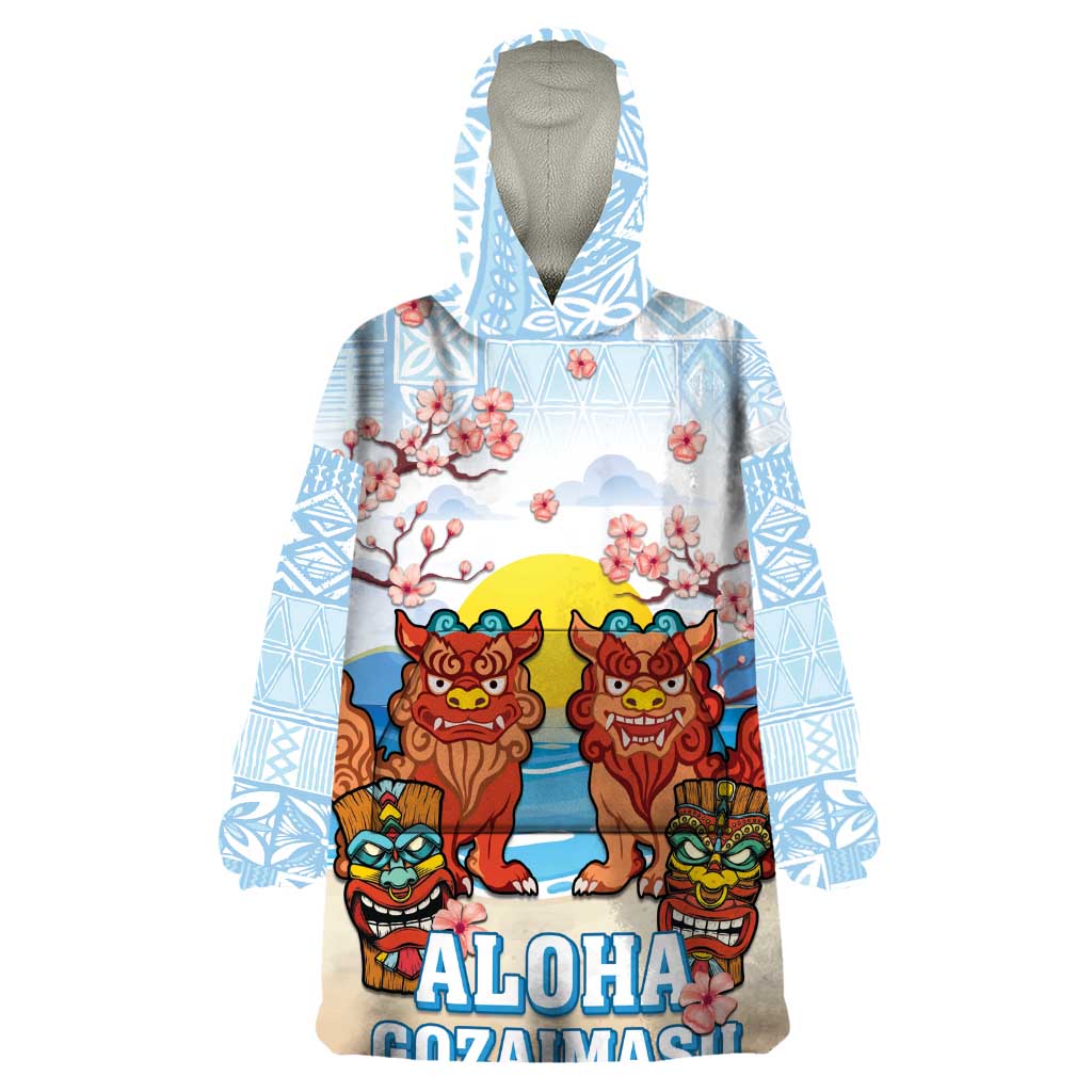 Hawaii And Japan Okinawa Wearable Blanket Hoodie Aloha Gozaimasu Tiki With Shisa